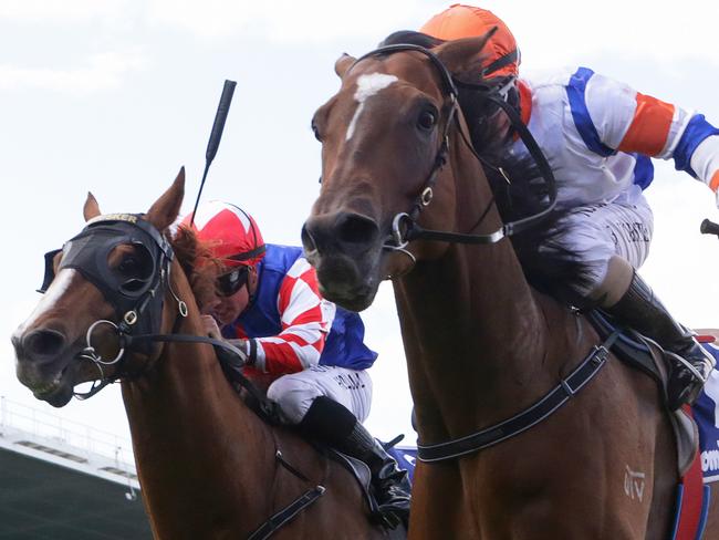 MELBOURNE, AUSTRALIA - NOVEMBER 30: Jockey Barend Vorster riding Secret Blaze wins Race 8, Kingsville Manor Lakes Handicap during Melbourne Racing at Moonee Valley Racecourse on November 30, 2019 in Melbourne, Australia. (Photo by George Salpigtidis/Getty Images)