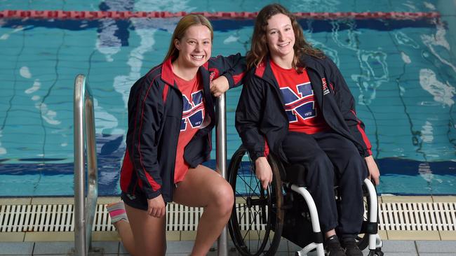 Norwood Swimming Club members Izzy Vincent (R) with (para swimmer) and Emily White ahead of last year’s SA Short Course Swimming Championships. Picture: Naomi Jellicoe