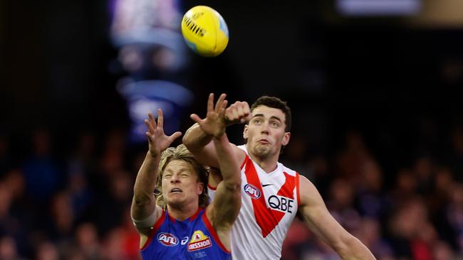 Tom McCartin was solid as a rock in defence. Picture: Michael Willson/AFL Photos via Getty Images