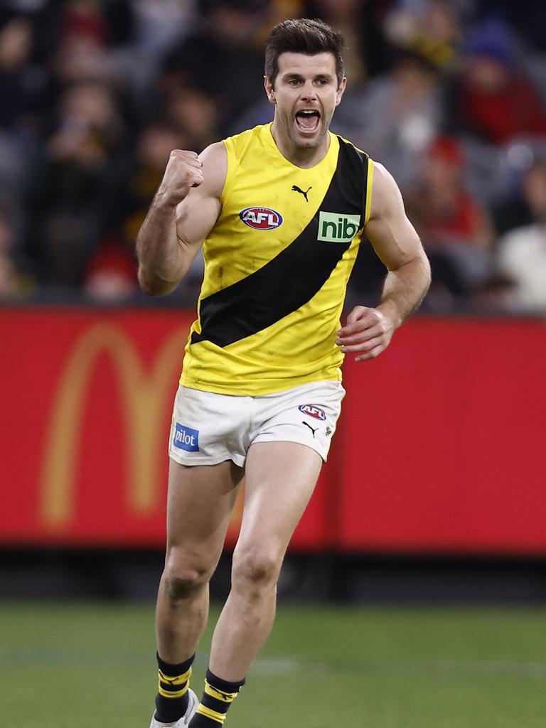 Trent Cotchin celebrates a goal in the big win. Picture: Darrian Traynor/Getty Images