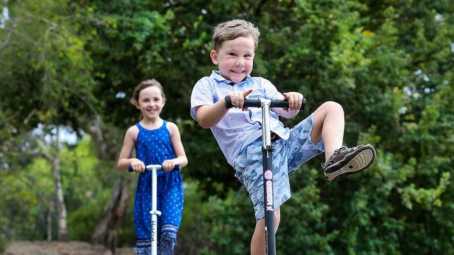 Children like siblings Noah, 5, and Matilda, 7, should be allowed to pick themselves up after a fall, research says. Picture: Ian Currie