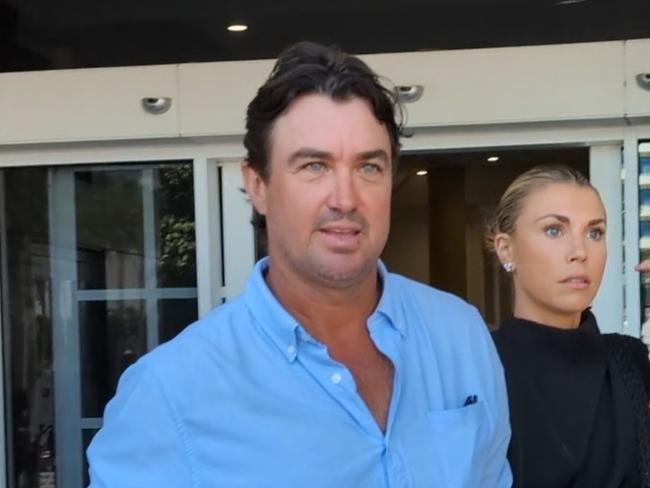 Outback Wrangler Matt Wright leaving the Supreme Court of the Northern Territory at Darwin on October 24, 2024, alongside his wife Kaia and his barrister David Edwardson. Picture: Zizi Averill