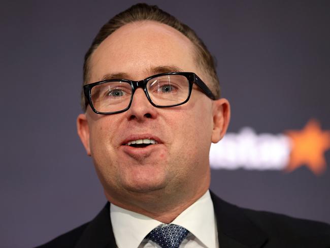 Alan Joyce, chief executive officer of Qantas Airways Ltd., speaks during a news conference in Sydney, Australia, on Thursday, Aug. 25, 2022. Qantas said travel has roared back, allowing it to cut debt and buy back shares, even as Australias flag airline posted its third consecutive annual loss. Photographer: Brendon Thorne/Bloomberg via Getty Images