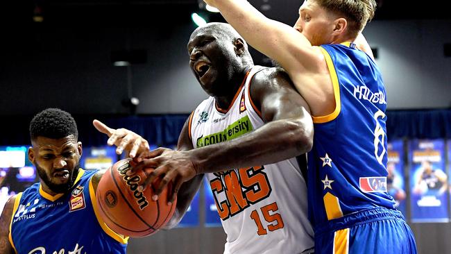 The Taipans’ Nathan Jawai is hemmed in. Picture: Getty Images