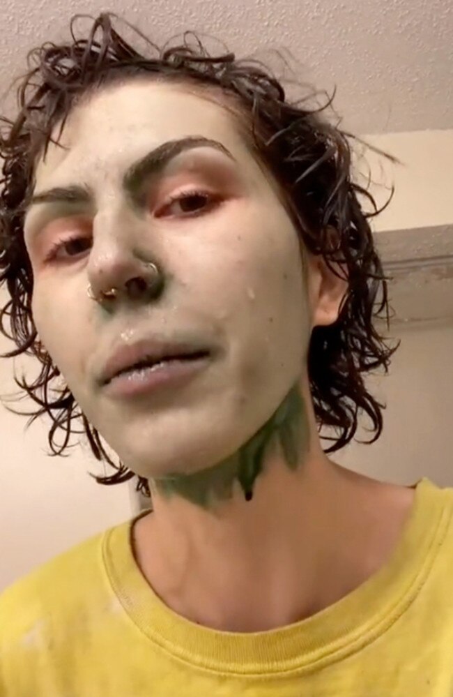 After attempting to wash it off, she was left with a green face which people compared to Shrek. Picture: TikTok/trippitreat