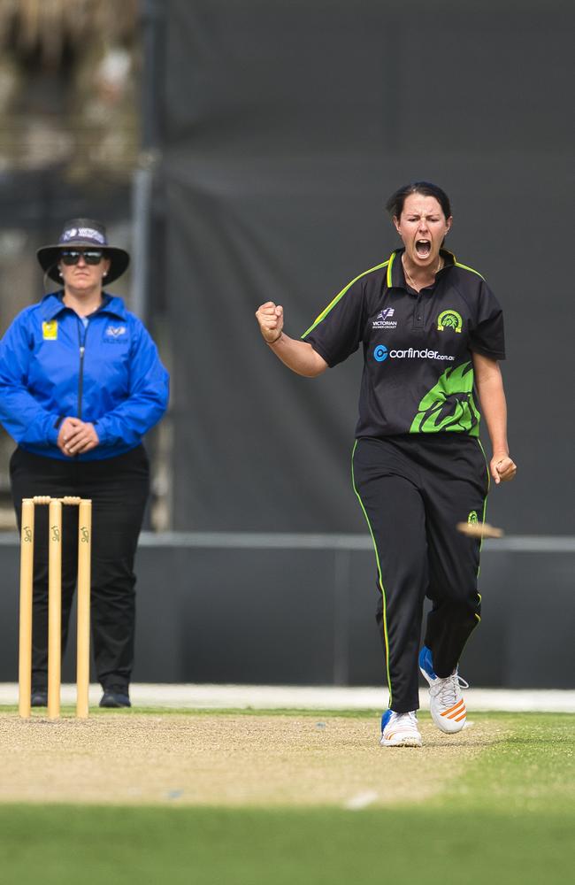 Hayleigh Brennan celebrates one of her five wickets for Box Hill.