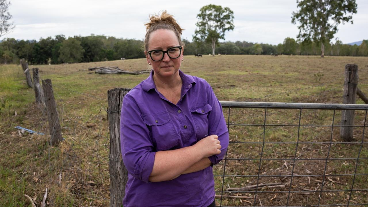 Widgee cattle farmer Kris Janke stands outside the gate of the paddock of one of the proposed transmission line routes. She says she feels ‘in limbo’ after finding out about the possible transmission lines. Picture: Christine Schindler