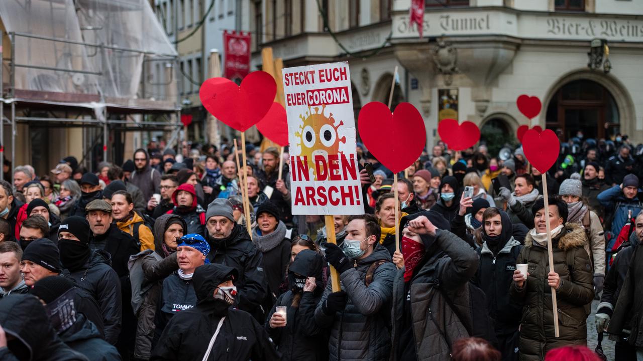 The Querdenken movement includes vaccine and mask opponents, conspiracy theorists and some far-right extremists, and has long protested German virus measures. Picture: Stringer/Getty Images