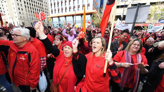 Teachers from across South Australia rally on the steps of Parliament House today. Picture: AAP/Mark Brake