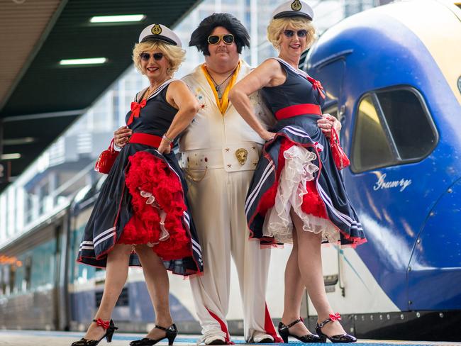 The Daily Telegraph 9 Thursday January 2025Elvis ExpressGail Goulding Deborah Peterskii and Shaun Wright at central station boarding the Elvis express to parkes for the Elvis festival. Picture Thomas Lisson