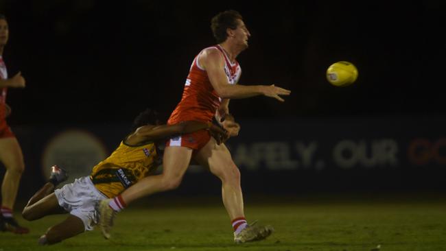 Saints’ Joseph Salmon makes a tackle. Picture: (A)manda Parkinson