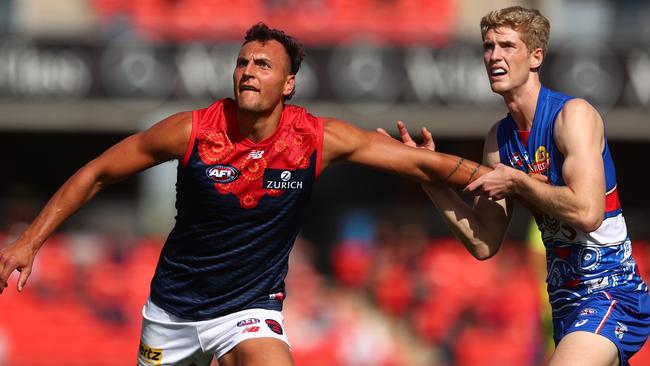 Demon Braydon Preuss and Bulldog Tim English do battle. Picture: Chris Hyde/Getty Images