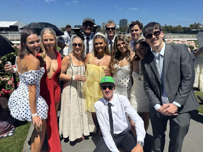 Lorna Reilly, Lucy Foltyn, Patrick Astudillo, Khaia Howlett, Shanae Anderson, Nathan Kavanagh, Tenille Eastwood, Brody Southall, Chloe McAleese, Jackson Kilworth and Lachlan Columbine at the Melbourne Cup at Flemington Racecourse on November 5, 2024. Picture: Phillippa Butt