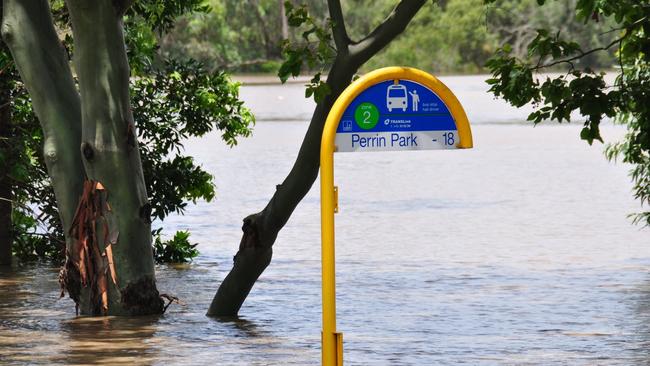 The waterline on the bus stop gives an indication of how high waters were in Rosalie on January 12, 2011.