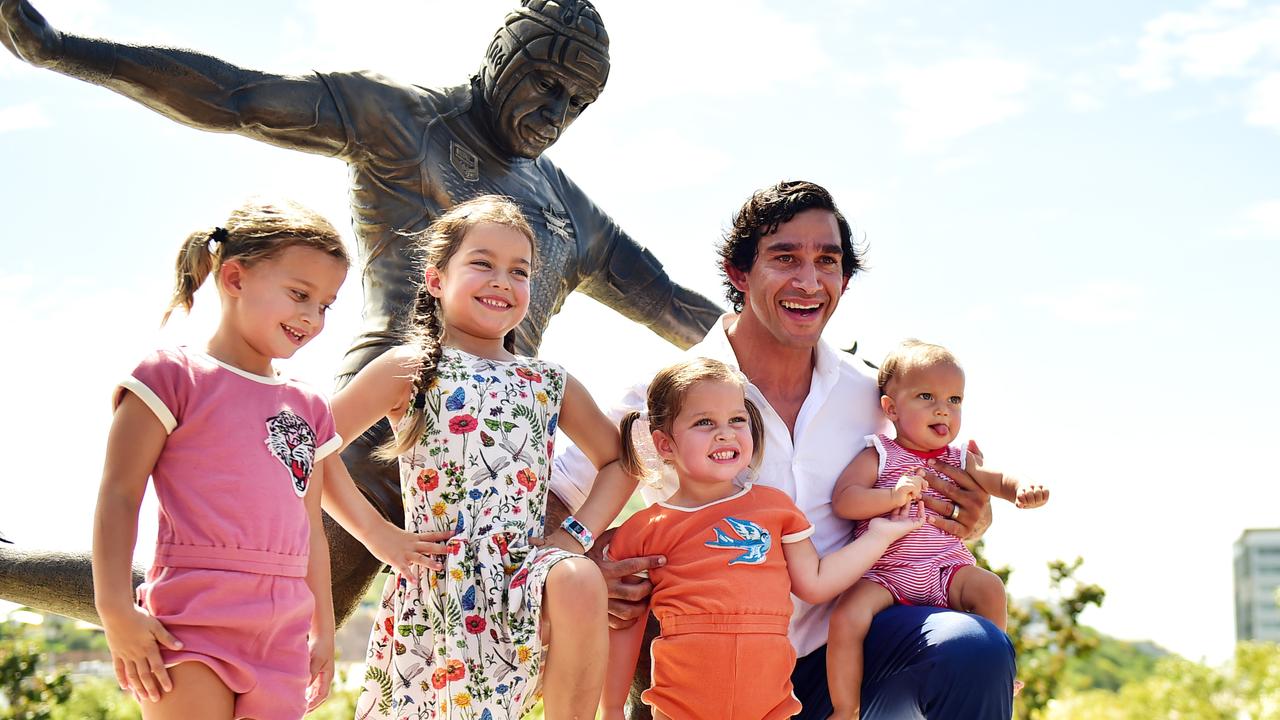 The bronze statue of Johnathan Thurston has been unveiled at Queensland Country Bank Stadium. JT with his daughters Frankie 6, Charlie 4, Lillie 3 and Remie 1. Picture: Alix Sweeney