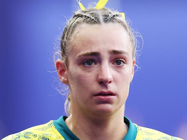 PARIS, FRANCE - JULY 30: Teagan Levi #5 and Bridget Clark #11 of Team Australia of Team Australia looks dejected following defeat during the Women's Rugby Sevens Bronze medal match between Team Canada and Team Australia on day four of the Olympic Games Paris 2024 at Stade de France on July 30, 2024 in Paris, France. (Photo by Cameron Spencer/Getty Images)