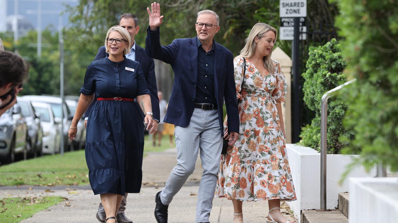 Labor leader Anthony Albanese and partner Jodie Haydon attend Easter Sunday service at St Monica’s Cathedral in Cairns, Queensland on day 6 of the federal election campaign, accompanied by Shadow Treasurer Jim Chalmers. Picture: Toby Zerna