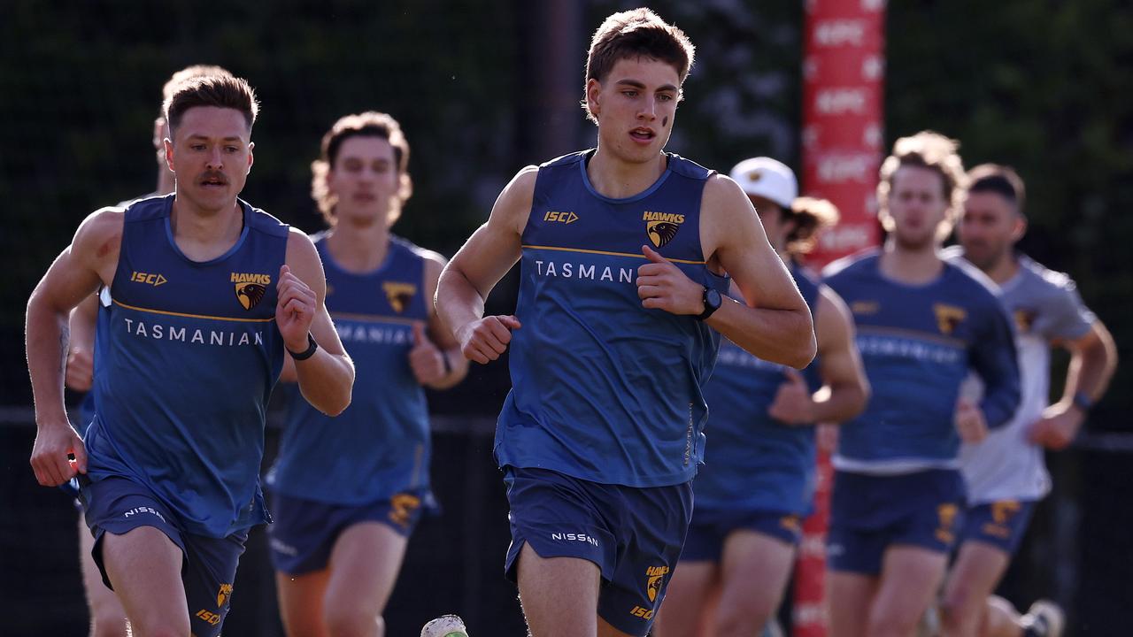 Jai Serong and Fergus Greene lead their running group at training today. Picture by Michael Klein