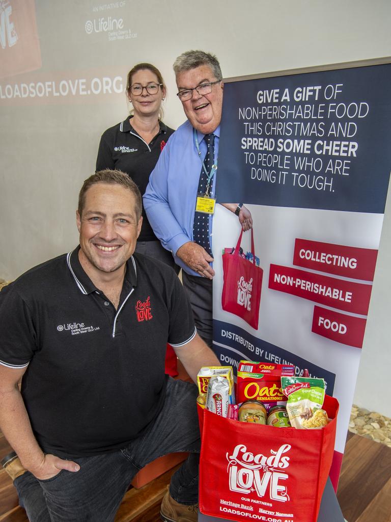 Part of the Lifeline team behind Loads of Love at the appreciation breakfast (from left) founder and community engagement manager Matt Gregg, fundraising and marketing manager Kirsten McGovern and CEO of Lifeline Darling Downs &amp; South West Queensland Lifeline, Derek Tuffield. Picture: Nev Madsen