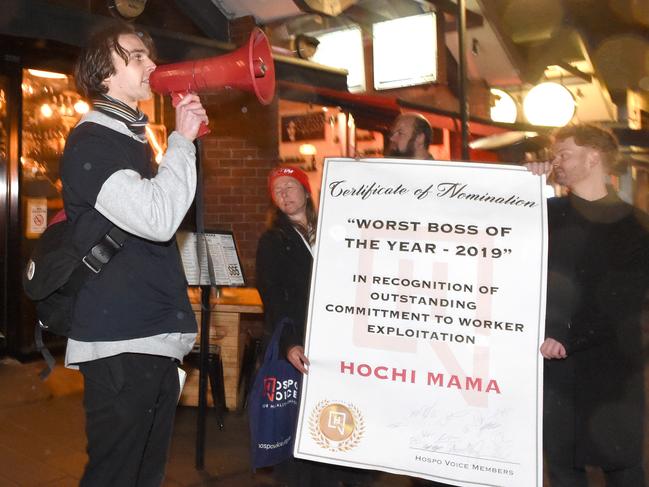 Hospo Voice union members protested outside Hochi Mama after allegations surfaced its owner was underpaying staff. Picture: Tony Gough