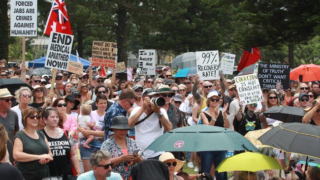 Protesters Rally against mandatory vaccines at the Millions March at Kurrawa Park on Saturday. Picture: Mike Batterham.