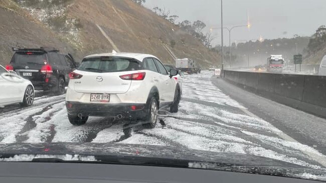 Icy conditions made driving on the South Eastern Freeway a dangerous challenge. Picture Ruth Taylor-Hull