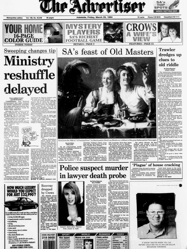 The Advertiser’s front page from March 25, 1994, covering Anna-Jane Cheney’s death.