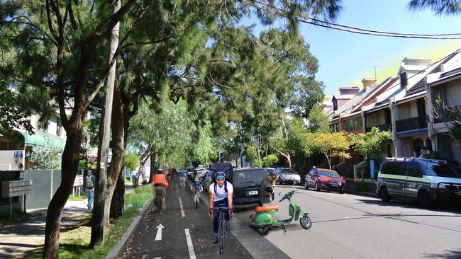 An artist’s impression of the cycleway for Wilson St, Newtown. Picture: City of Sydney