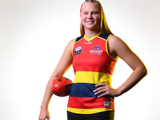 MELBOURNE, AUSTRALIA - OCTOBER 22: Montana McKinnon of the Crows poses during the 2019 AFLW Draft at Melbourne Showgrounds on October 22, 2019 in Melbourne, Australia. (Photo by Quinn Rooney/Getty Images)