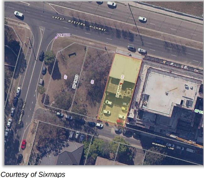 Aerial view of the development site shows its two frontages on the Great Western Highway and Wainwright Lane, respectively.