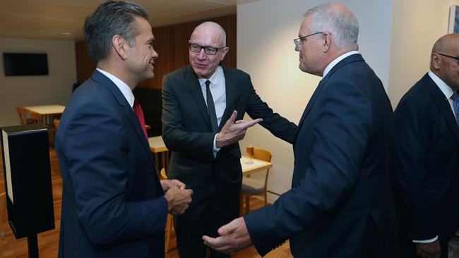 Lachlan Murdoch, left, News Corp CEO Robert Thomson and Scott Morrison at the 70th anniversary dinner of the ANZUS Treaty at Parliament House in Canberra on Monday night. Picture: Gary Ramage