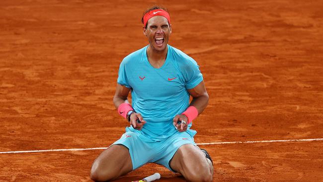 Rafael Nadal of Spain celebrates after winning championship point during his Men's Singles Final against Novak Djokovic.