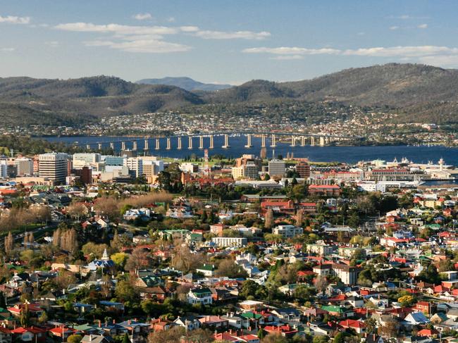 View over Hobart towards the Derwent River in Hobart, Tasmania, Australia