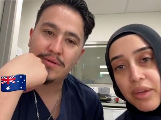 Rashad Nadir and Sarah Abu Lebdeh, wearing their NSW Health uniforms were filmed declaring they refuse to treat Israeli people and would "kill them" if they present to their ward. Picture: NewsWire