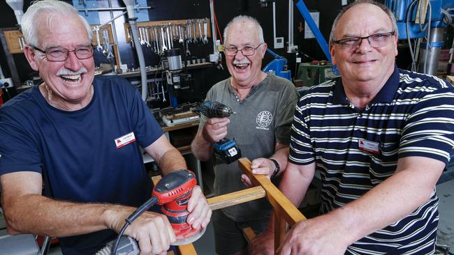 George Ballard, Terry Farrow and Keith Ellis at the Men's Shed in Langwarrin, Melbourne. Picture: Wayne Taylor