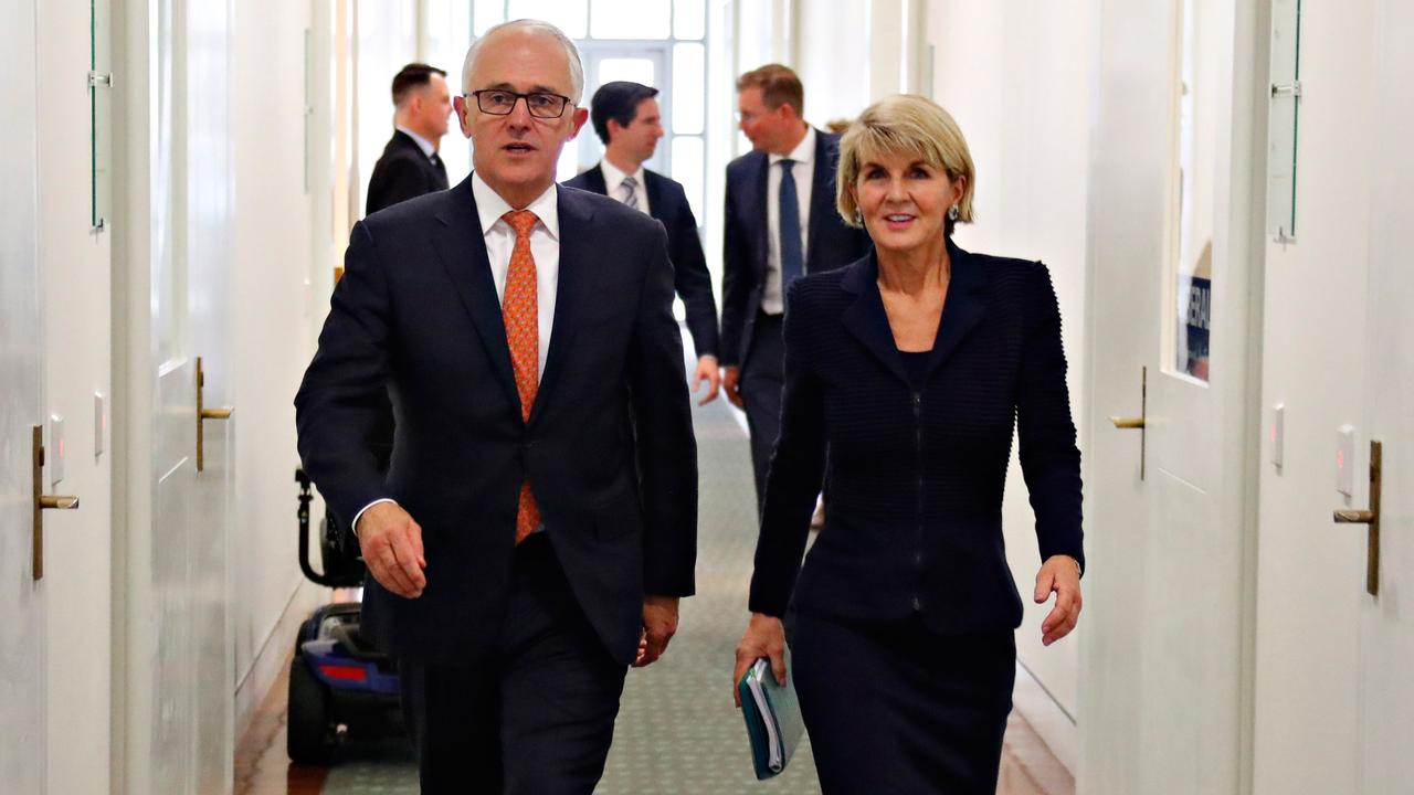 Moderates didn’t think Julie Bishop could beat Peter Dutton as a leadership challenger but Malcolm Turnbull still voted for her. Picture: David Gray/AFP