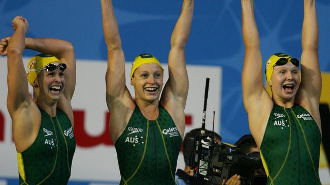 FINA World Swimming Championships Melbourne. Womens 4x100m Freestyle Relay Final at Rod Laver Arena. Libby Lenton, Shayne Reece and Melanie Schlanger, celebrate gold.