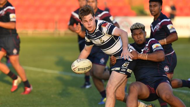 Joshua Quinlan (left) of St Marys College and Ilai Tuia of Ipswich SHS in Langer Cup schoolboys rugby league at Toowoomba Sports Ground, Wednesday, August 5, 2020. Picture: Kevin Farmer