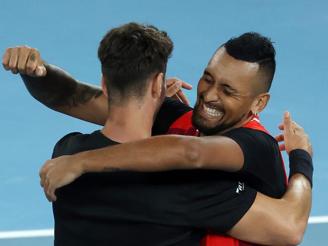 MELBOURNE, JANUARY 29, 2021: Australian Open Tennis 2022. Nick Kyrgios and Thanasi Kokkinakis celebrate their win against Matthew Ebden and Max Purcell during the mens doubles final on Rod Laver Arena. Picture: Mark Stewart