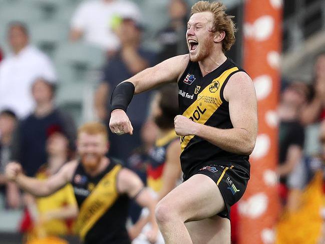 SANFL - PRELIMINARY FINAL - Glenelg v Adelaide Crows at Adelaide Oval. Joshua Scott celebrates his goal. Picture SARAH REED