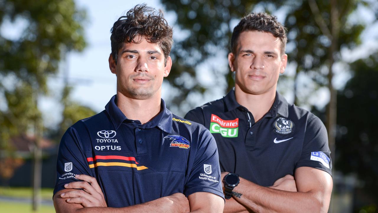 Adelaide Crows player Shane McAdam, left, with his brother, Collingwood’s Ash Johnson, Friday, June 4, 2021. Picture: Brenton Edwards