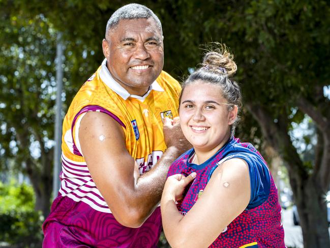 Rugby league legend Petero Civoniceva and Deadly Choices’ Taylah Airs promoting Covid-19 vaccinations at Yulu-Burri-Ba, Capalaba. Picture: Richard Walker