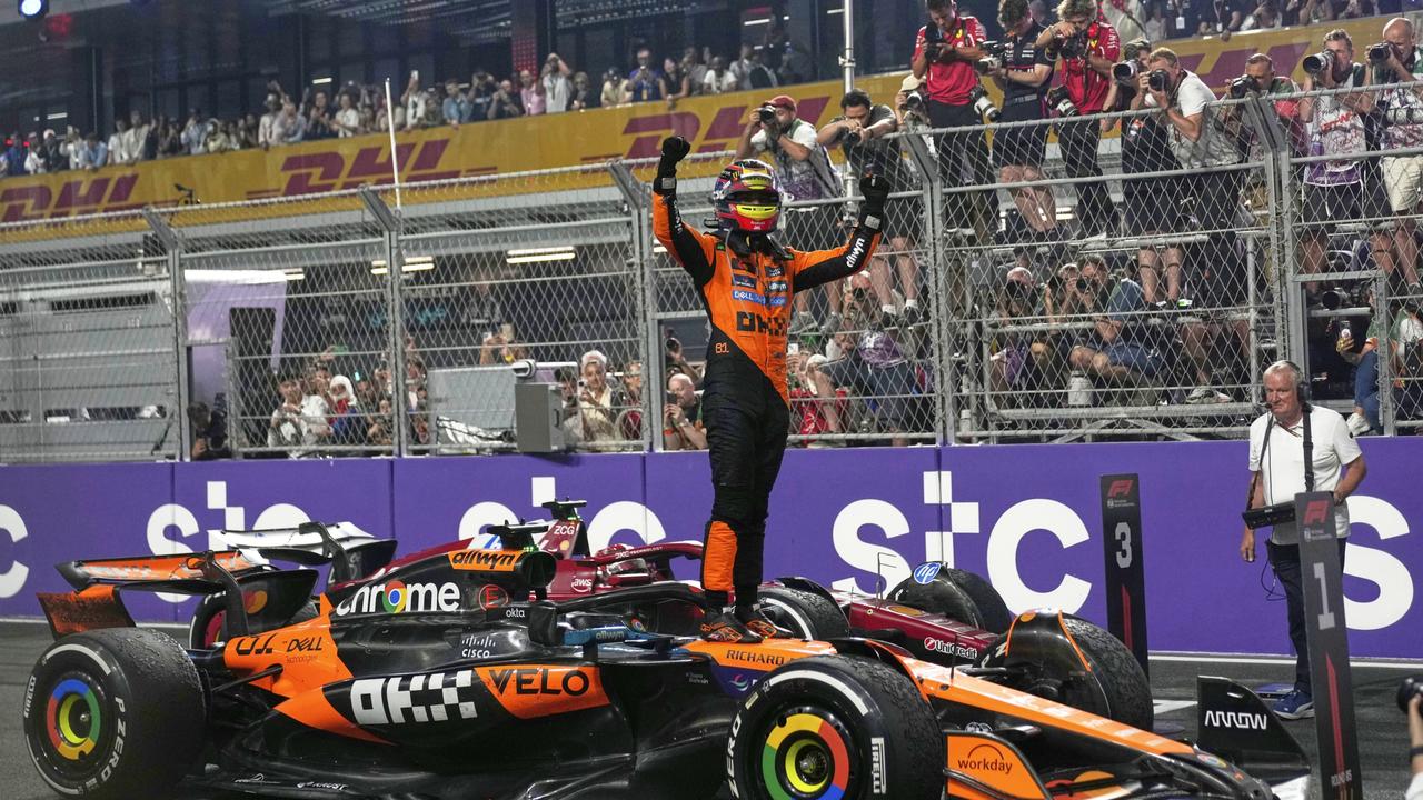 Piastri celebrates after winning the Formula One Saudi Arabian Grand Prix in Jeddah. Picture: AP Photo/Altaf Qadri