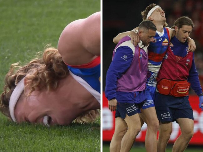 Aaron Naughton injured against the Swans. Photos: Fox Sports/Michael Klein