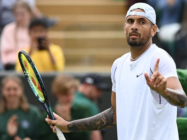 Nick Kyrgios dominated Serbia's Filip Krajinovic during their men's singles tennis match on the fourth day of the 2022 Wimbledon Championships. Picture: Glyn Kirk/AFP