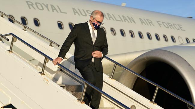 Prime Minister Scott Morrison arrives in New York ahead of meetings with US President Biden and other world leaders before heading to the White House later in the week. Picture: Adam Taylor