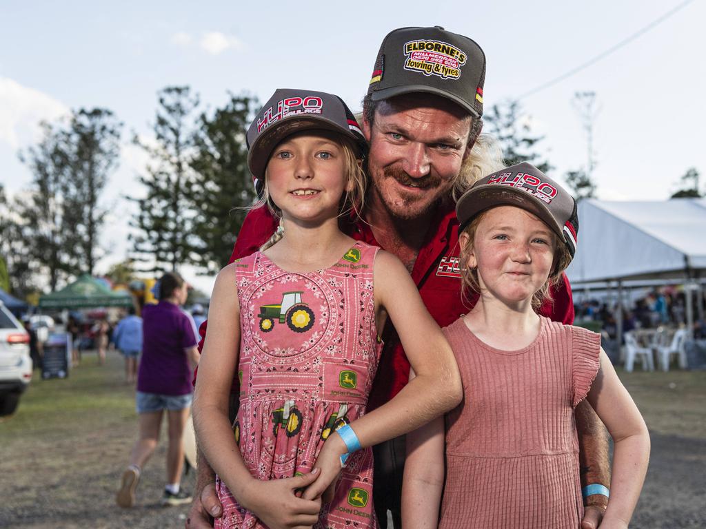 Reece McCarthy with daughters Felicity (left) and Josie McCarthy at Lights on the Hill Trucking Memorial at Gatton Showgrounds, Saturday, October 5, 2024. Picture: Kevin Farmer