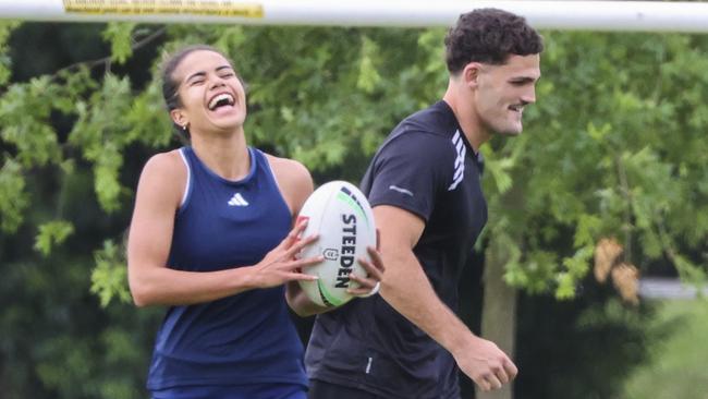 Mary Fowler and Nathan Cleary were clearly thrilled to be in each other’s company. Pictures: Jayden Seyfarth/Media Mode