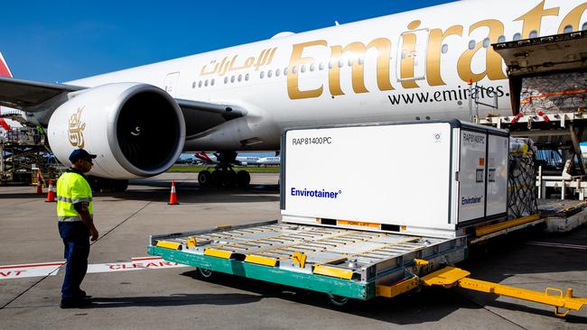 A container holding the AstraZeneca vaccine arrives at Sydney International airport on Sunday. Picture: Getty Images