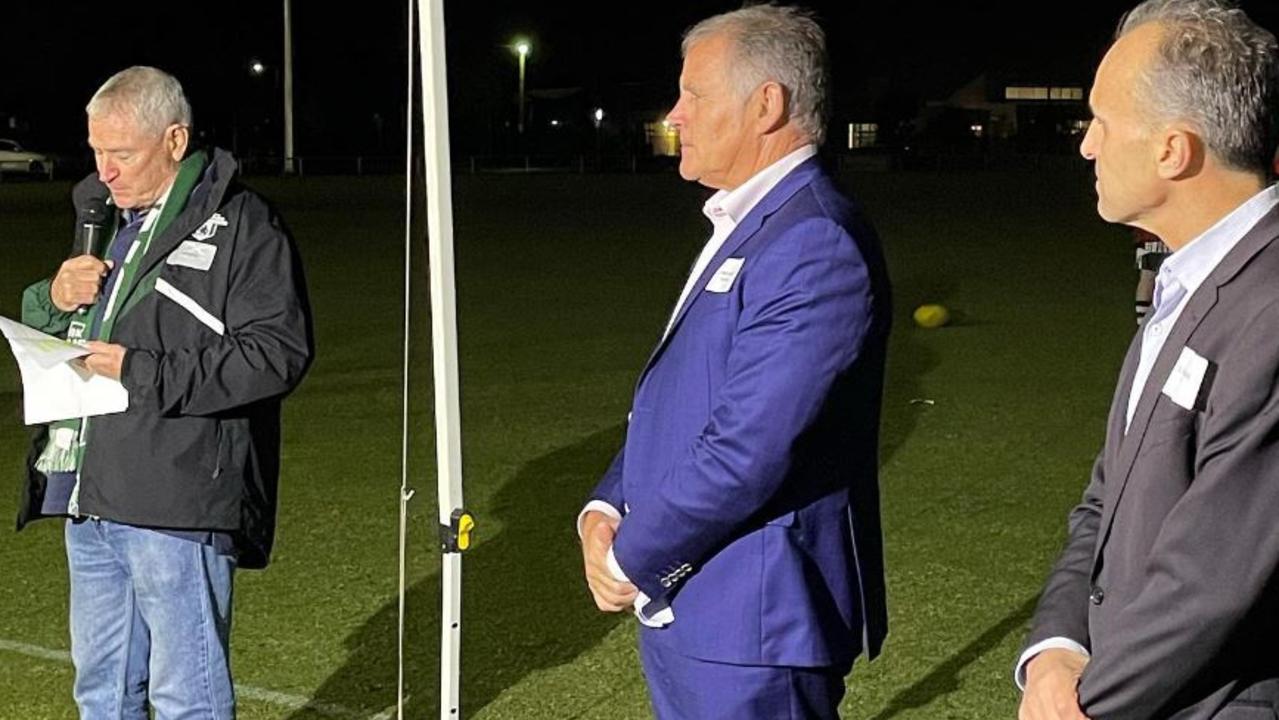 Geelong councillors Peter Murrihy (centre) and Eddy Kontelj (right) at Hamlyn Park in 2021 for the official opening of new light towers.